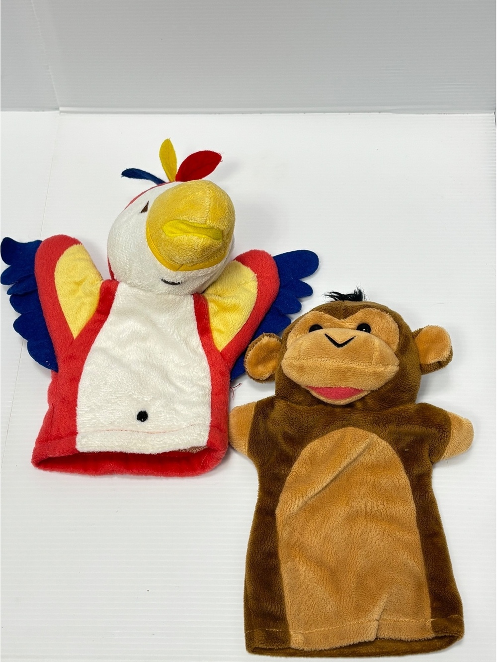 Set of 2 Plush Animal Hand Puppets - Parrot and Monkey - Soft Fabric, Colourful